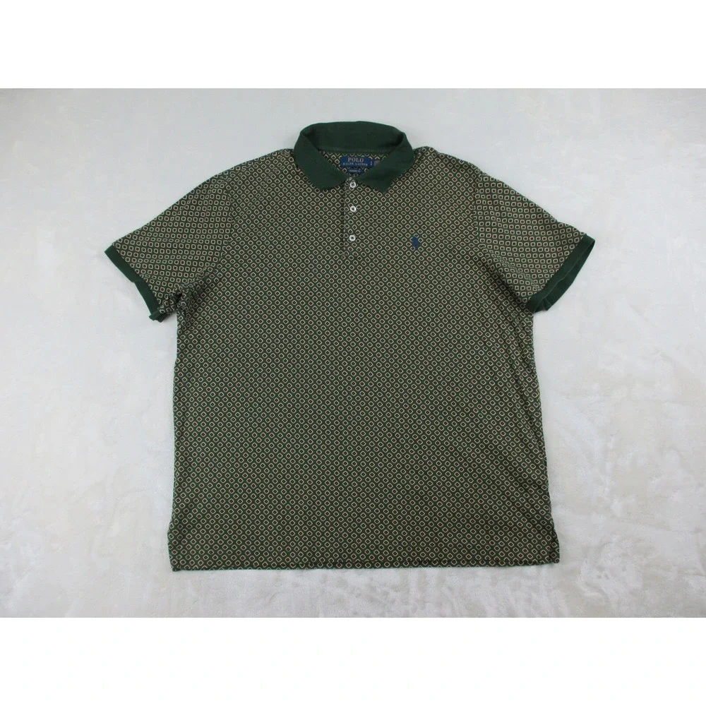 Ralph Lauren Polo Shirt Mens Large Green‎ Pony Diamonds AOP Classic Fit Casual*